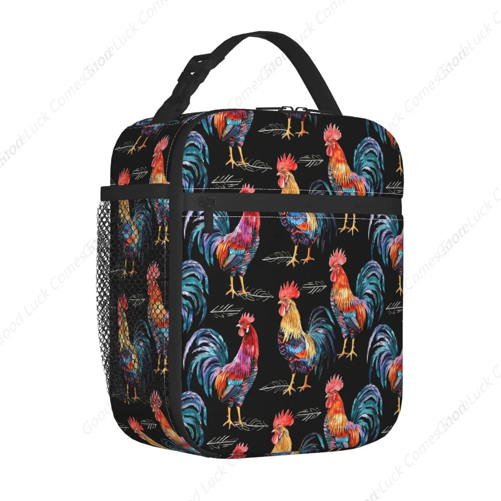 Reusable Colorful Rooster Lunch Box for Kids Girls Boys Women Adult, Insulated Chicken Black Lunch Bag,Polyester Cooler Handbags