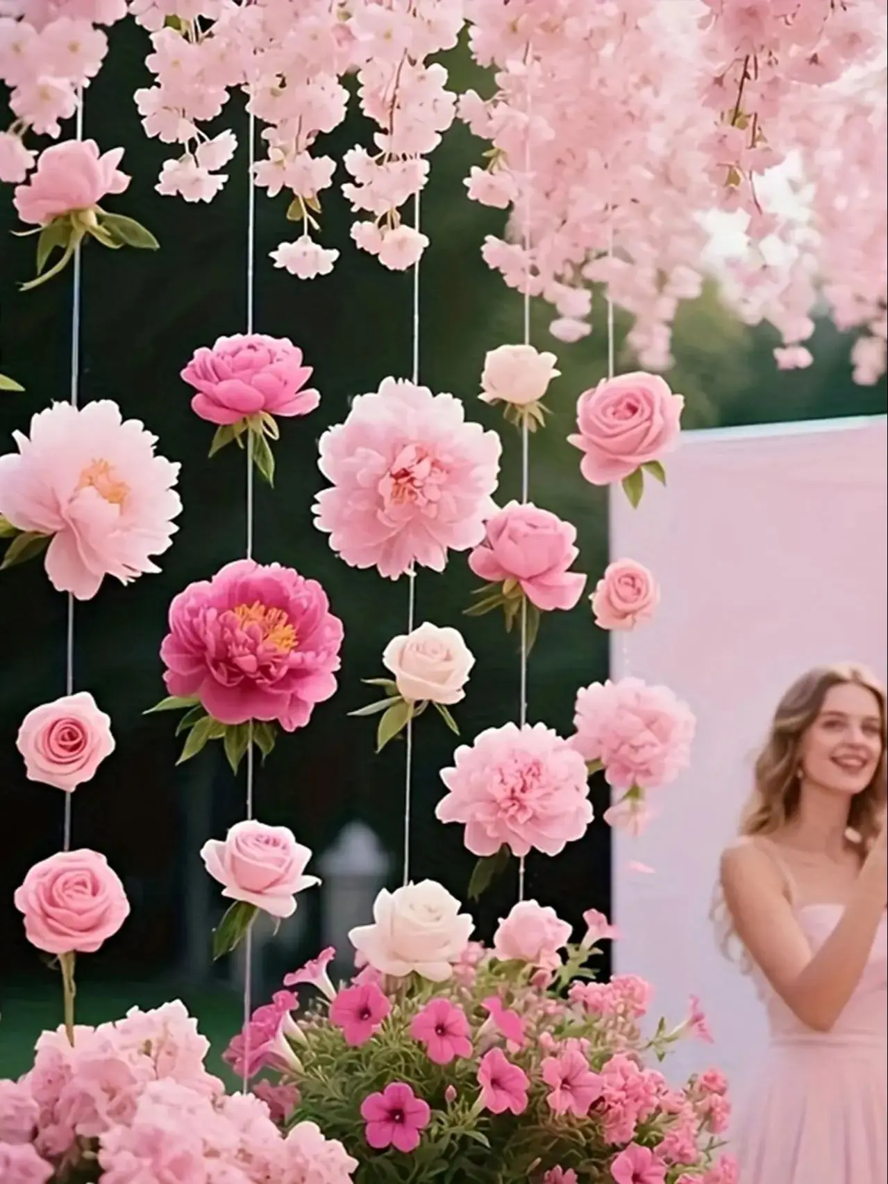 35-teiliges Set Rosa Schwebende Blumen, Bohemian-Stil Künstliche Blumen Türvorhang, Enthält 24 Künstliche Blumen, 10 Klebstoffe – Detail 1