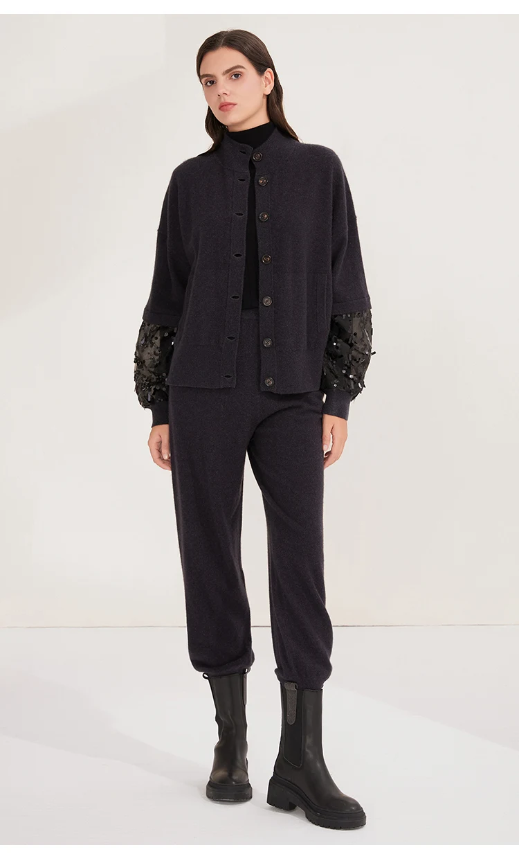 BD4521243 Damen-Kaschmir-Cardigan mit Knöpfen, Stehkragen, Langen Ärmeln, Organza-Pailletten-Manschetten, Lockerer Schnitt, Winter-Strickware – Detail 6