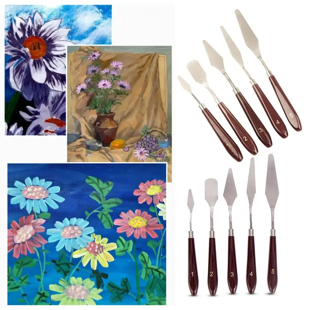 Faca de paleta de aço inoxidável, espátula de mistura, pavimentação, laminação lâmina flexível, arte raspador ferramenta, bolo cozimento suprimentos, 5pcs por conjunto