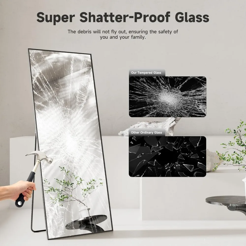 Rechteckiger Standspiegel mit schwarzem gehärtetem Glas, Wandspiegel aus Aluminiumlegierung in voller Länge für Schlafzimmer