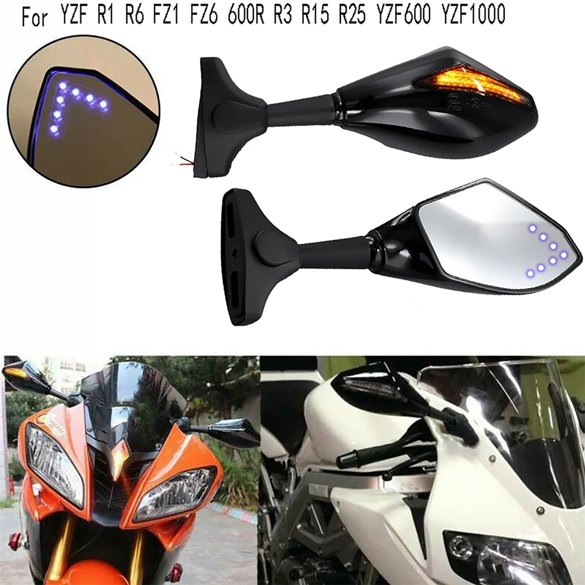 Motorcycle LED Rearview Mirror with Light for Yamaha YZF R1 R6 FZ1 FZ6 600R R3 R15 R25 YZF600 YZF1000