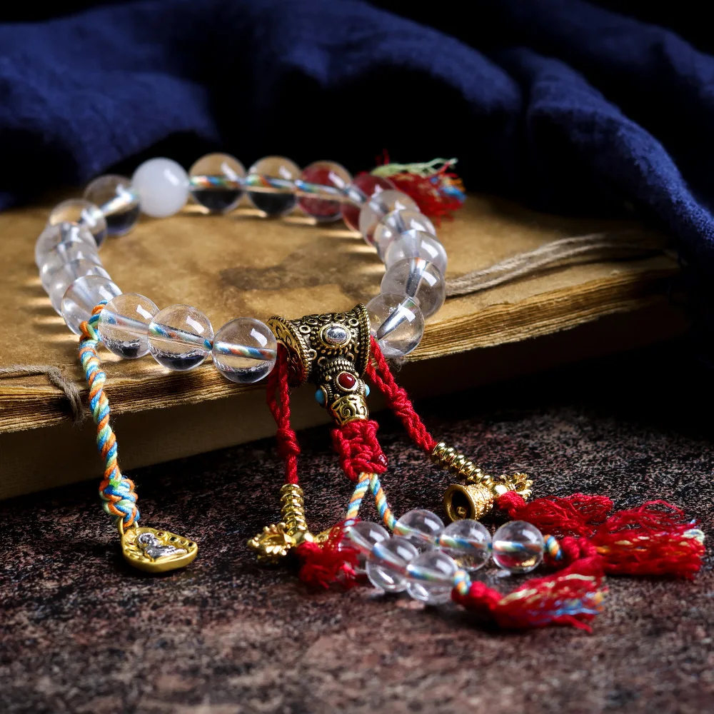 Natural white crystal eighteen seed Buddha beads, hand-held Tibetan style diamond pestle, ethnic style prayer bead jewelry