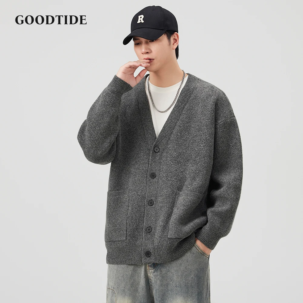 Fashion Men's Casual V - Neck Button Down Cardigan Winter New Loose Fit Knitted Sweater Jacket Long Sleeve Outerwear Pockets Top
