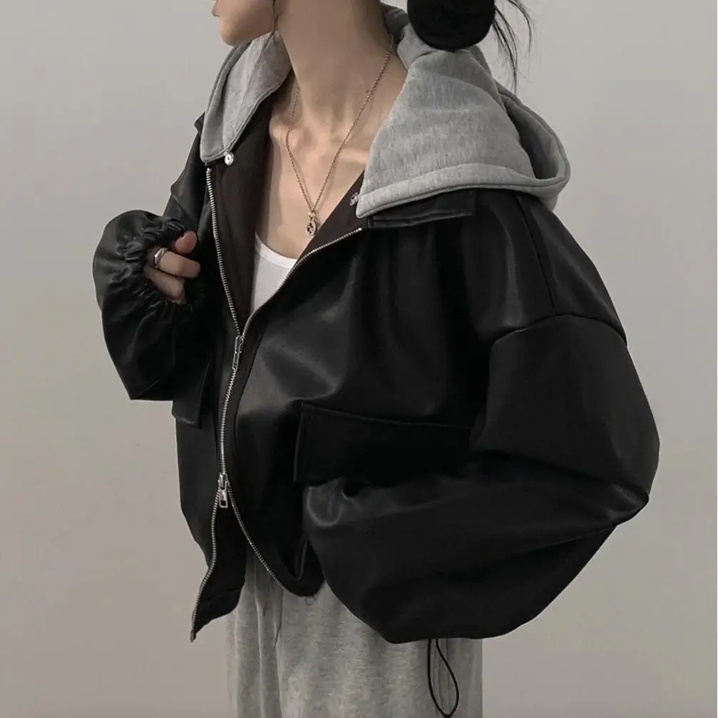 أنيقة ort مقنعين المرقعة السائق Jaet المرأة Sli ملابس خارجية معطف جلد f عالية الياقة طويلة Sve سستة إغلاق #1