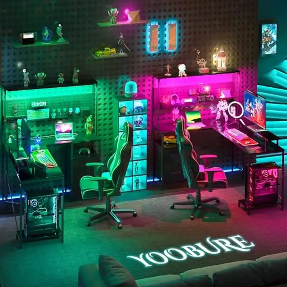 Gamer L Desk Pegboard LED Lights Power Outlets Drawers Shelves Storage Sync Colors Timer AC USB Ports Durable Stable Compact