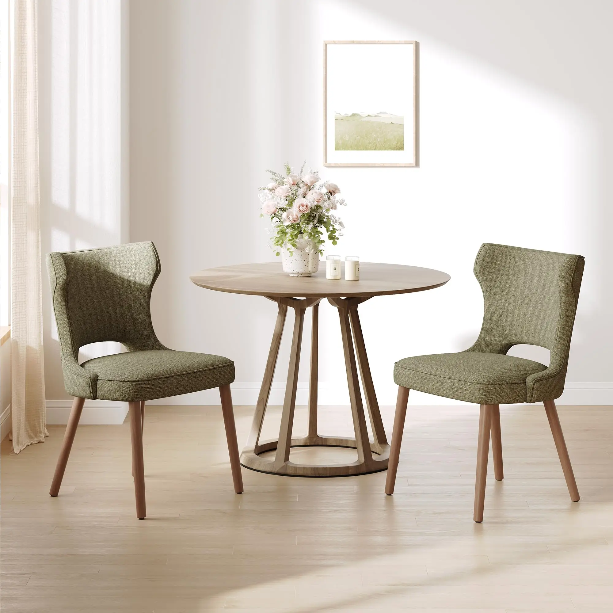 Upholstered Dining Chairs Set of 2, Kitchen Chairs with Curved Backrest | Wooden Dining Room Chairs with Rubberwood