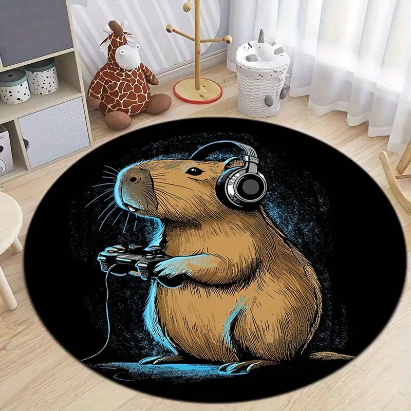 Capybaras mit Gaming-Headsets-Muster, runder Teppich, rutschfeste Bodenmatte für Wohnzimmer, Schlafzimmer, Badezimmer, Urlaubsdekoration