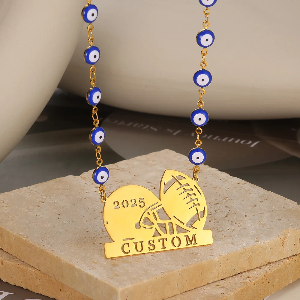 

1 Pcs Custom Name Rugby Choker Evil Eye Chain Necklace Men Helmet Hollow Letter Nameplate Personalized Stainless steel Jewelry