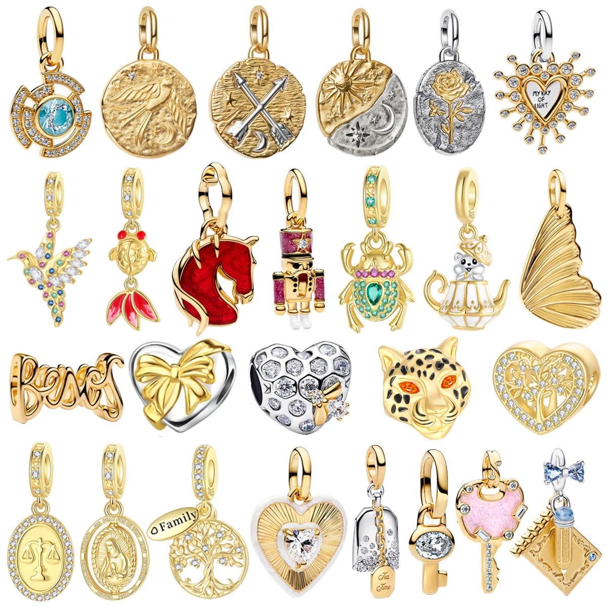 Nowy wisiorek/koralik ze srebra próby 925, pozłacany, w kształcie motyla, ptaka, kwiatu lub serca, pasujący do bransoletek i naszyjników DIY dla kobiet, idealny na prezent.