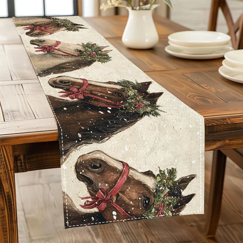 

Рождественский настольный флаг с принтом лошади — сельский венок и снег, прочное льняное украшение для рабочего стола, рождественское украшение для дома