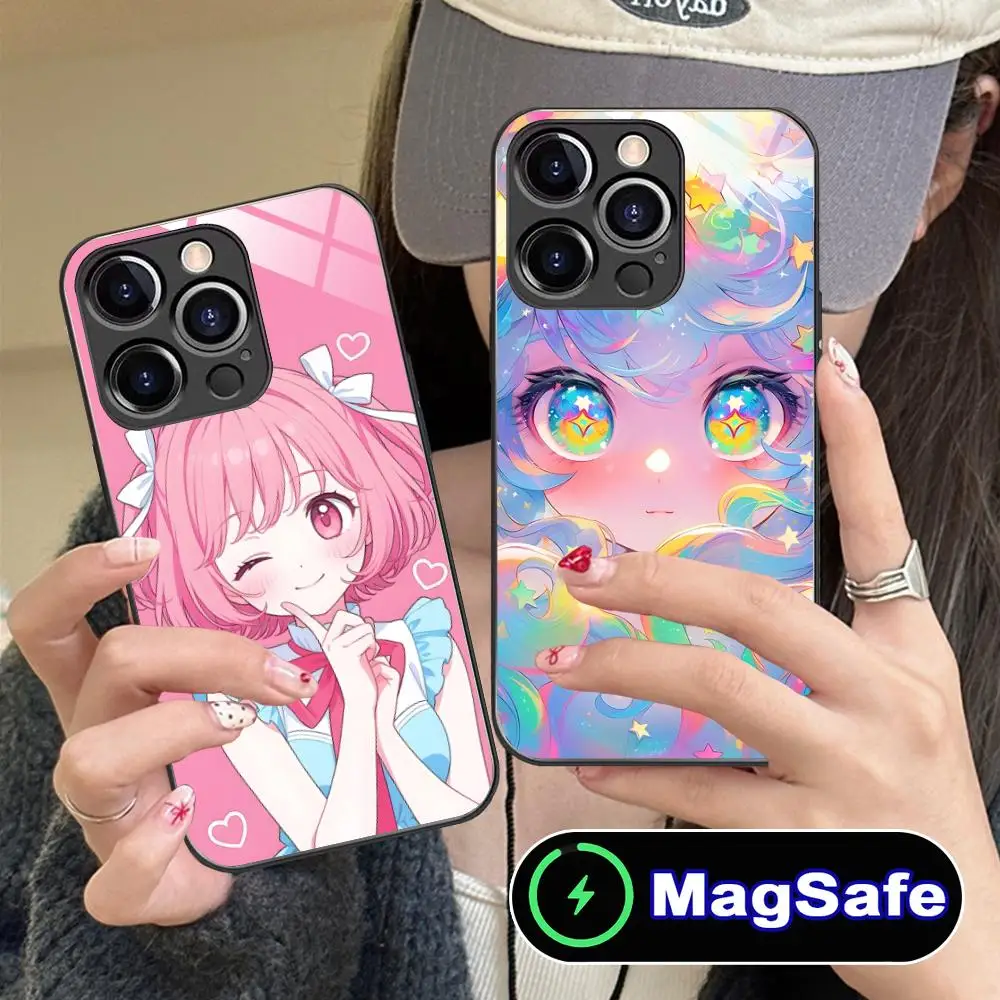 

Pink Anime Girl Mobile Phone Case for iPhone 16 15 14 13 12 11 Pro Max Plus Mini MagSafe Glass Colour Protective Cover Luxury