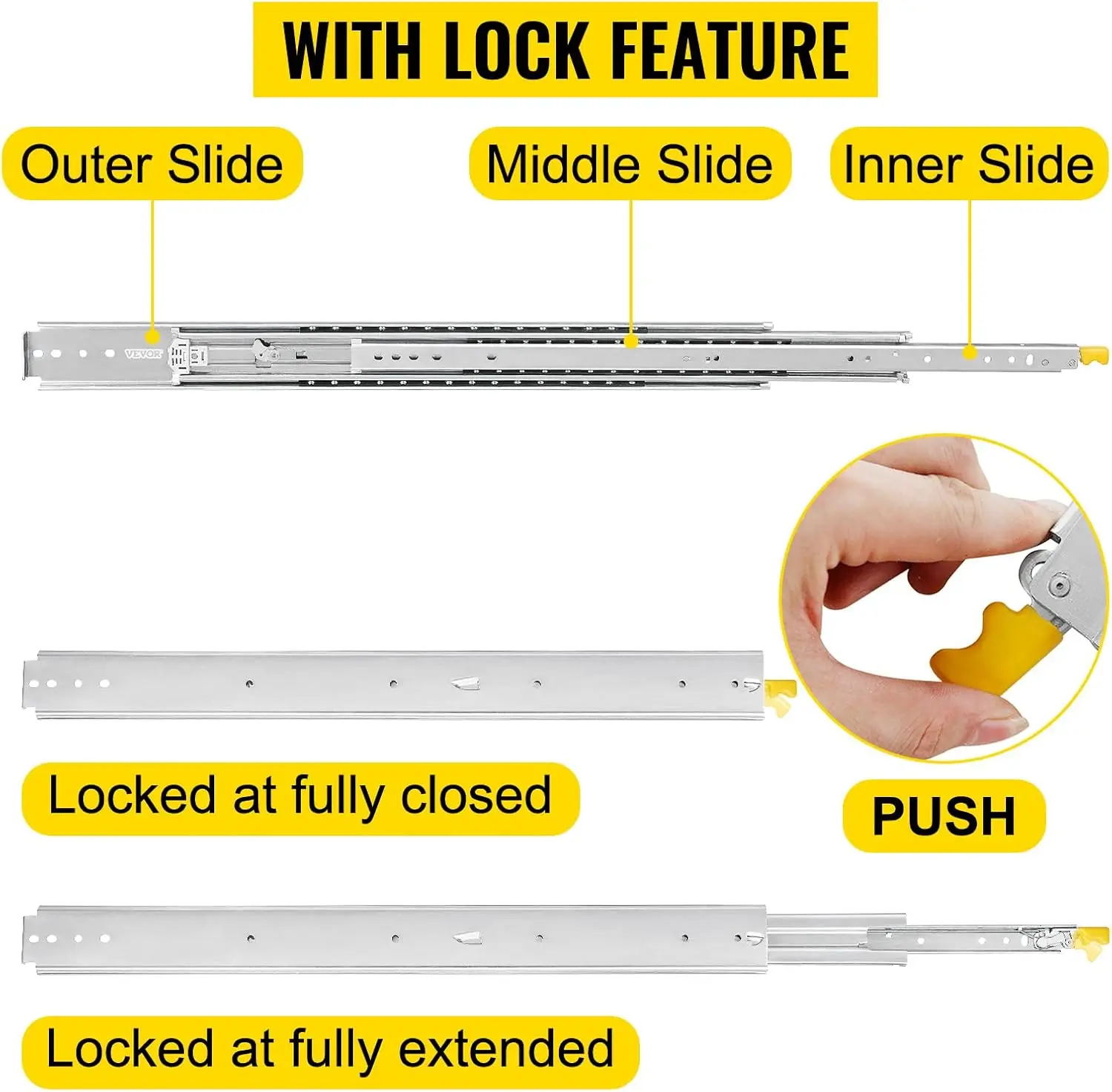 Drawer Slides with Lock, 1 Pair 60 inch, Industrial Drawer Slides up to 500 lbs Capacity, 3-Fold Full Extension