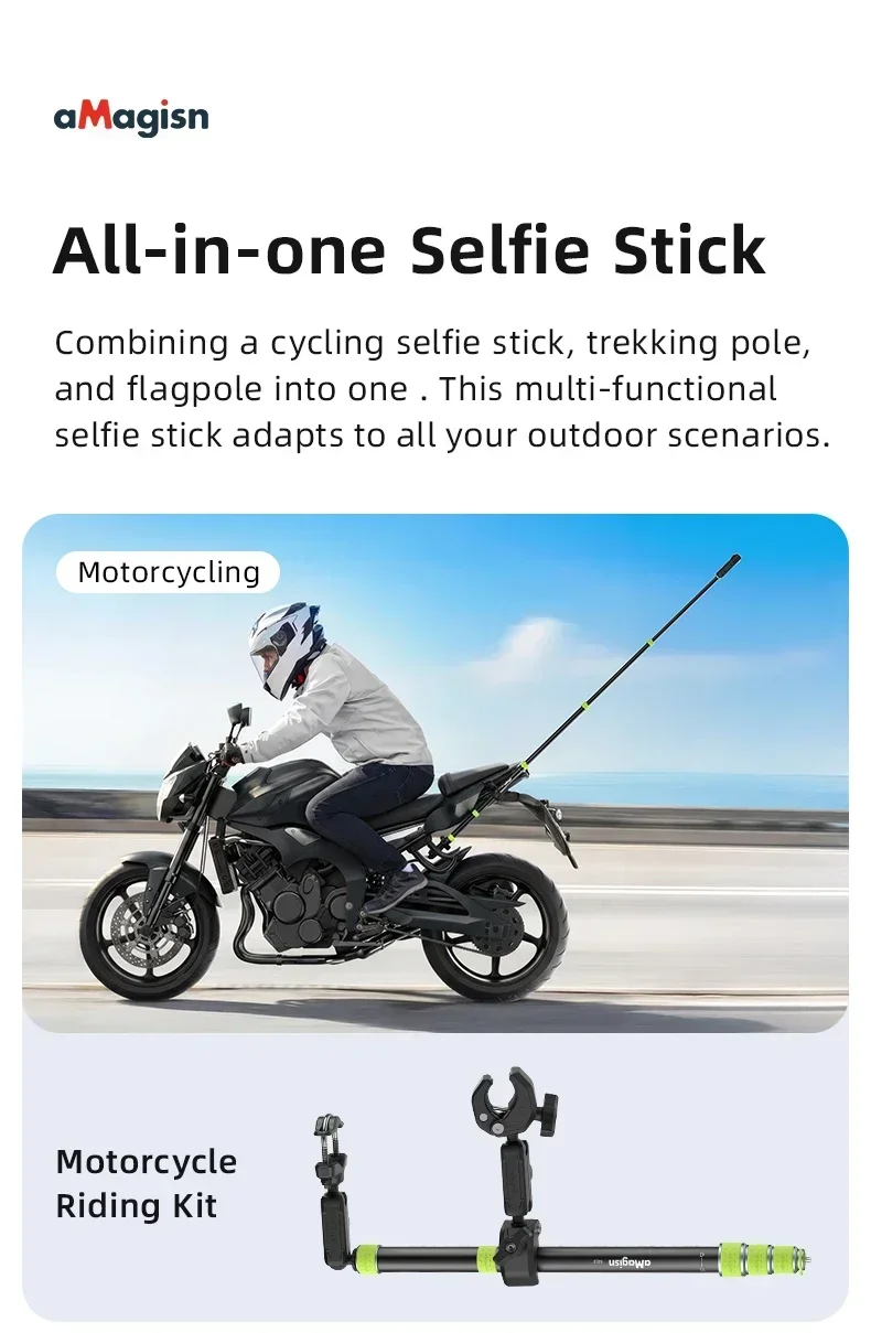 aMagisn 1,5 m (59,0 Zoll) / 1,1 m (43,3 Zoll) Motorrad-Selfie-Stick für GoPro DJI Insta360, 1/4 Zoll unsichtbare Teleskopstange – Detail 13