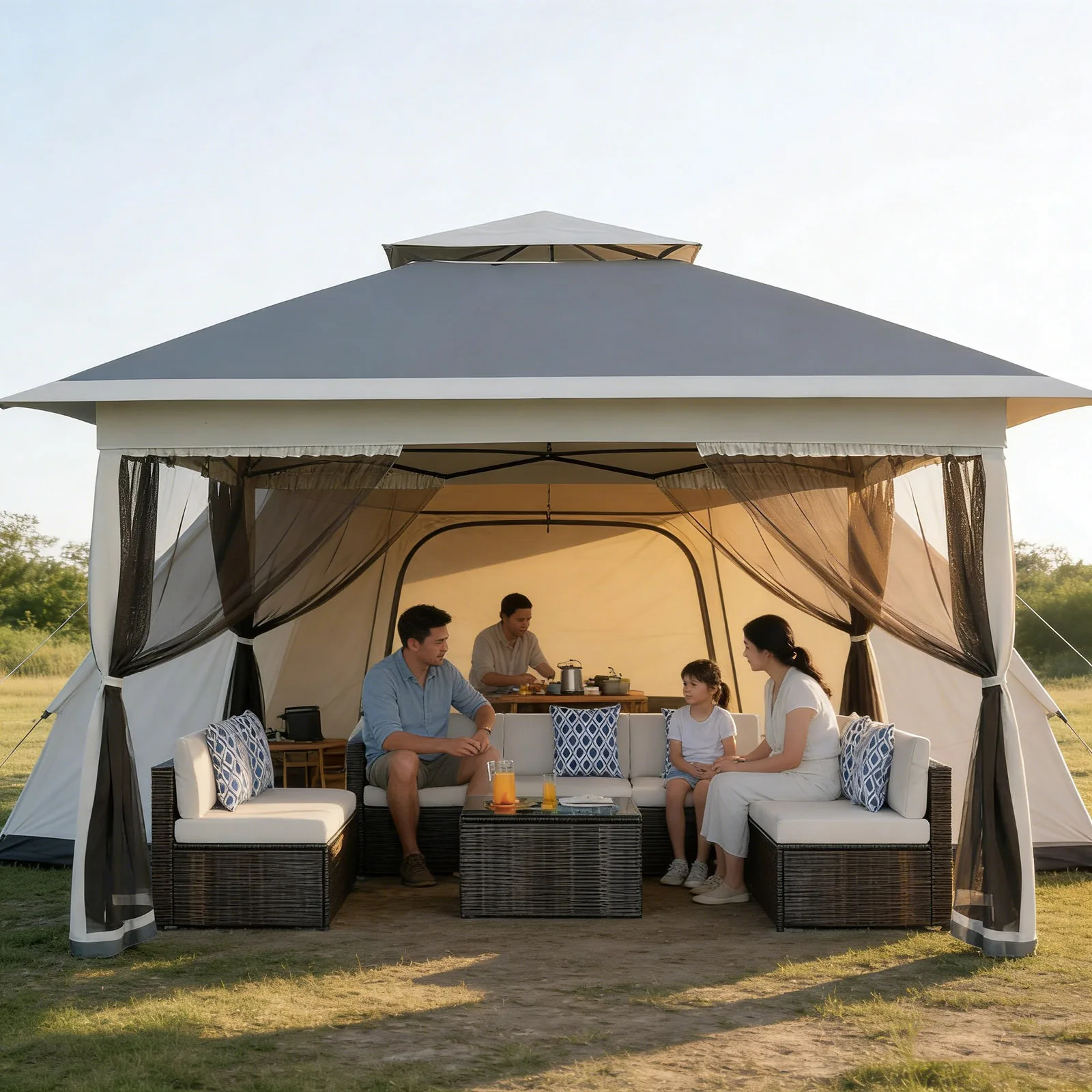 Auvent de camping portable robuste avec 4 parois latérales amovibles en moustiquaire, abri solaire imperméable et réglable pour le camping, 3x3m