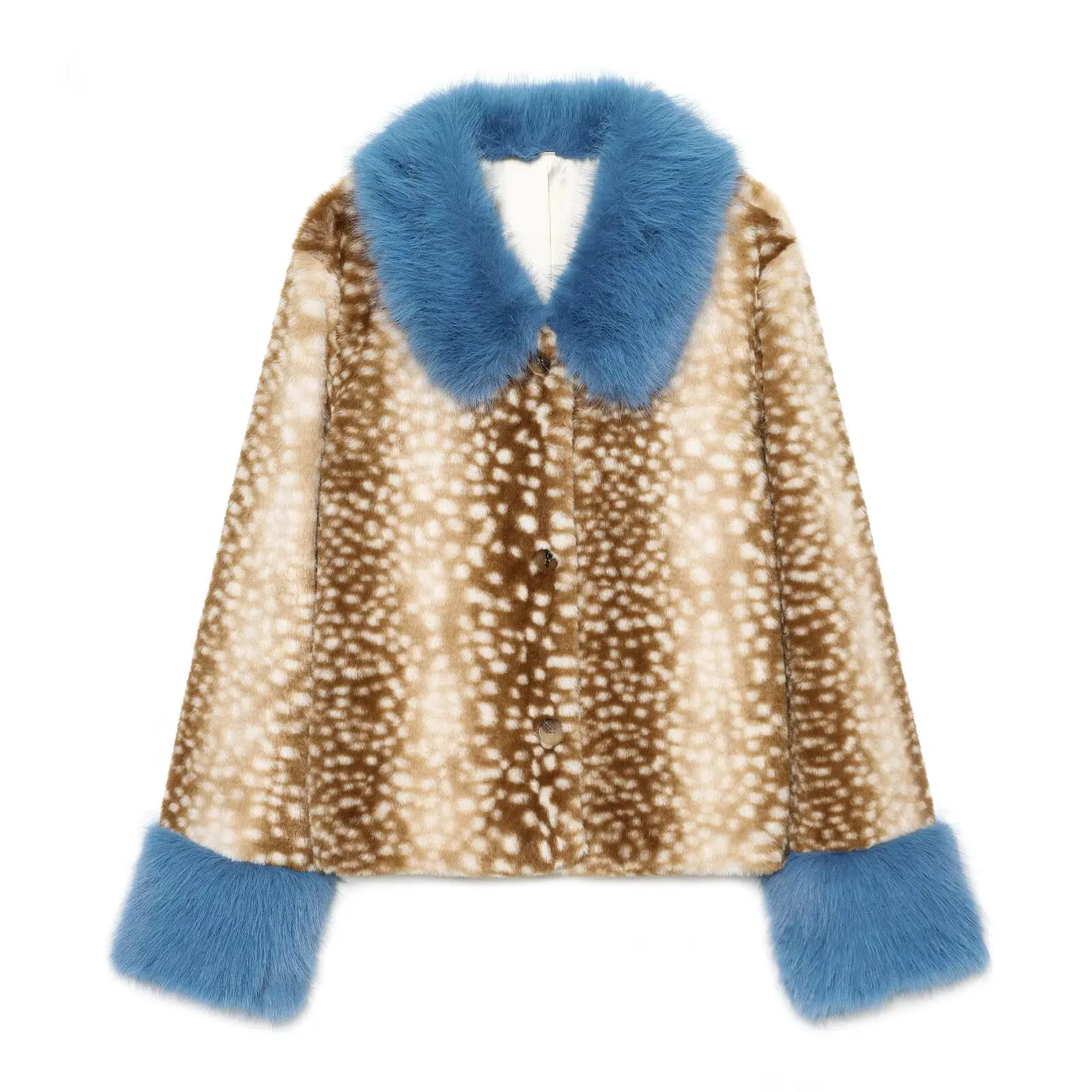 Guobioziy Deer Print Spotted Faux Fur Short Jacket Women's Blue Colorblock Lapel Cuffs Plush Warm Coat 2026 Winter Streetwear