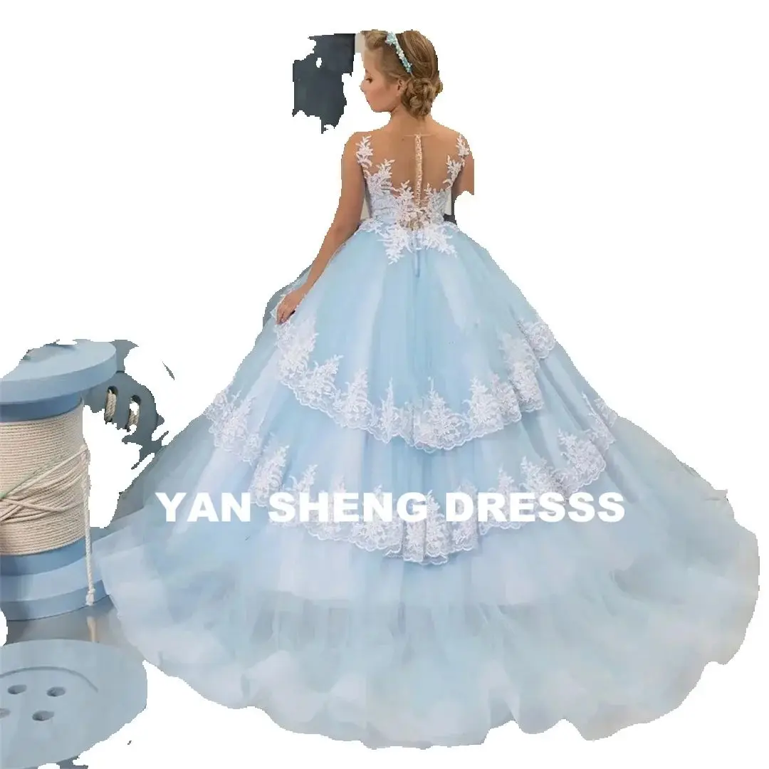 تخصيص الضوء الأزرق زهرة فتاة فستان طول بلا أكمام الزفاف تول ل زين الطابق وصيفة الشرف الاحتفال بعيد ميلاد Eucha