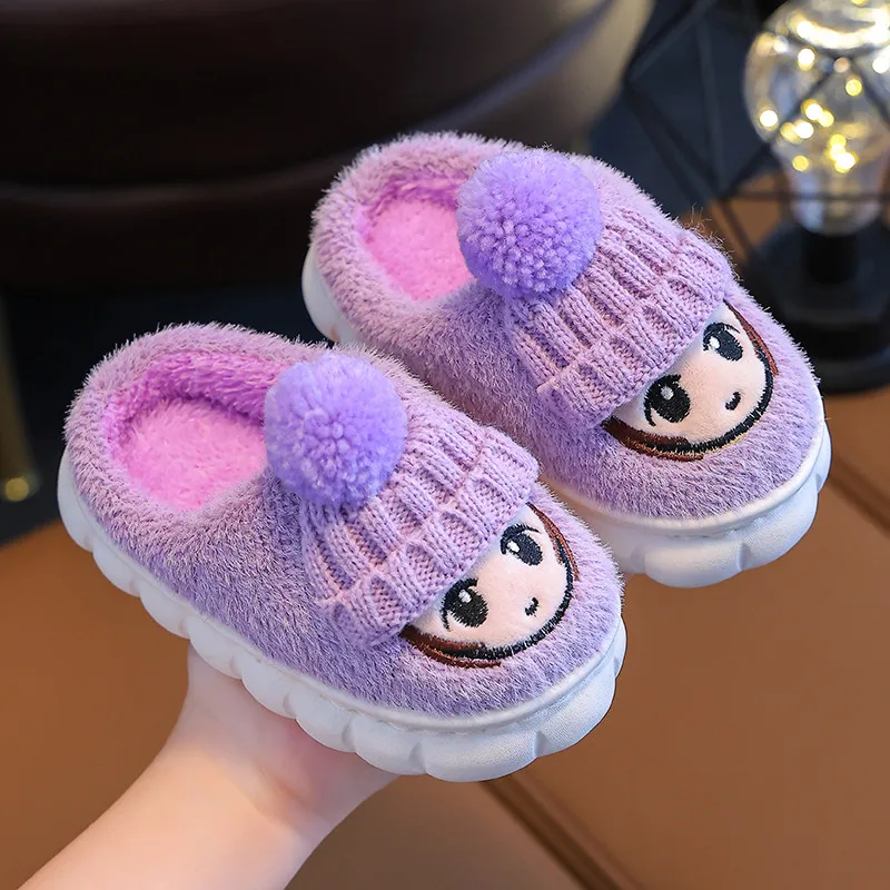 2023 New Winter 2-10y Girls Antiskid Cotton Shoes Children\'s Cute Cartoon Home Indoor Plush Slippers Warm Furry Kids Footwear