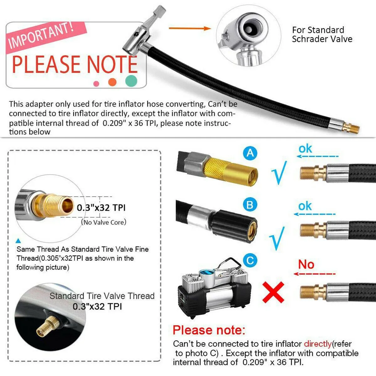 Locking With Air Hose Inflator Adapter Extension For Bike Motor Car