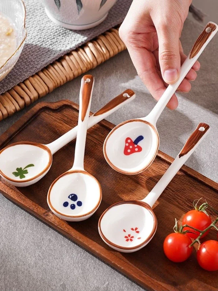 ins,New Japanese Style Soup Spoon Hand Fired Ceramic Material, Resistant To Hot and Cold Temperatures Dessert Spoon Congee Spoon