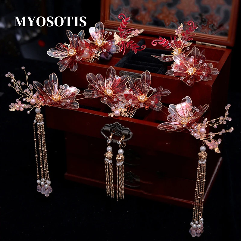 

Red Clear Flower Chinese Bride Hairpins Liquid Antique Headdress Crystal Wedding Hair Accessories