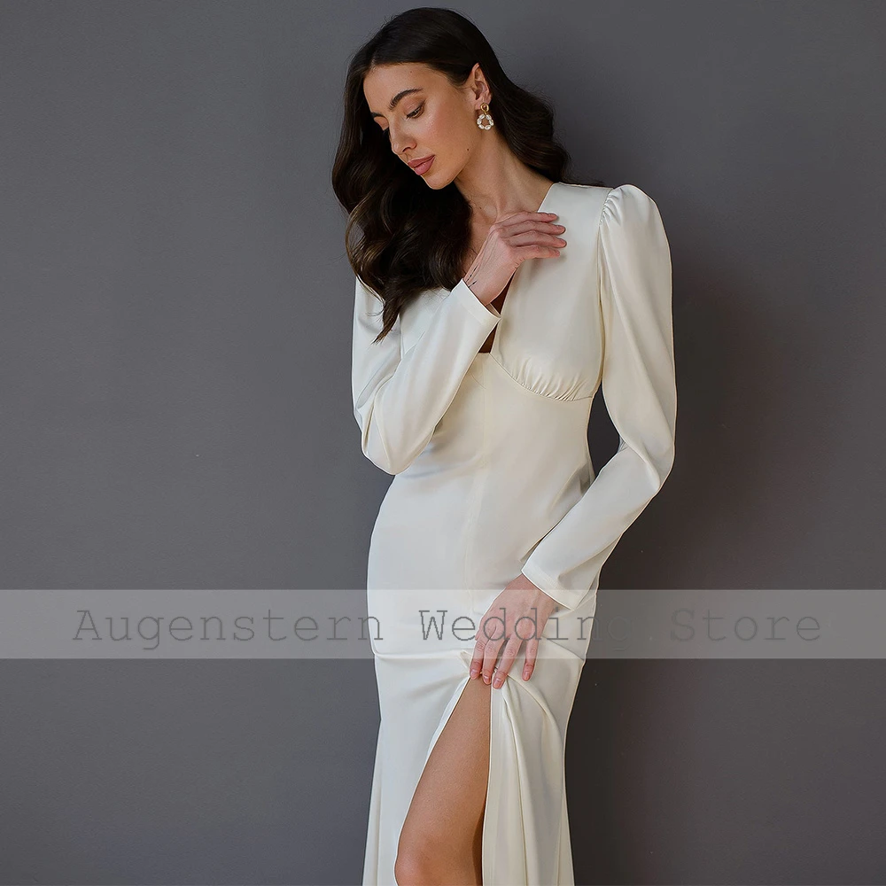 Simples vestidos de convidados do casamento cetim sereia/trompete vestidos de festa de casamento marfim com decote em v plissado split vestidos de casamento feminino maxi