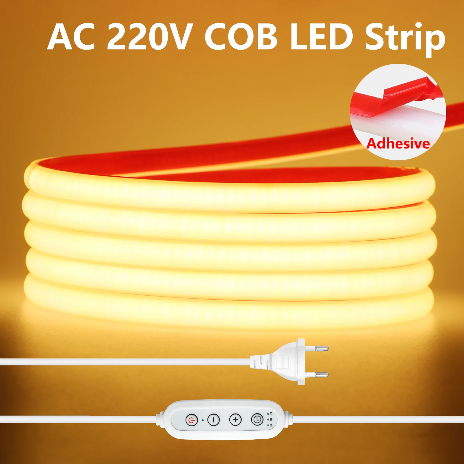 

220 В COB неоновая светодиодная лента с регулируемой яркостью, гибкая лента, 288 светодиодов/м, водонепроницаемая клейкая лента для кухни, спальни, наружного освещения