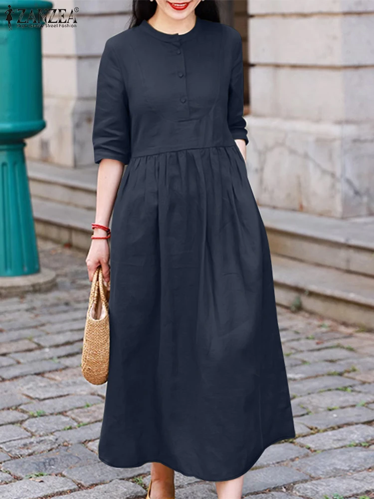 ZANZEA Fashion Summer Half Sleeve Sundress Women Elegant OL Work Midi Dress Solid Pleated A-line Vestidos Casual Buttons Up Robe