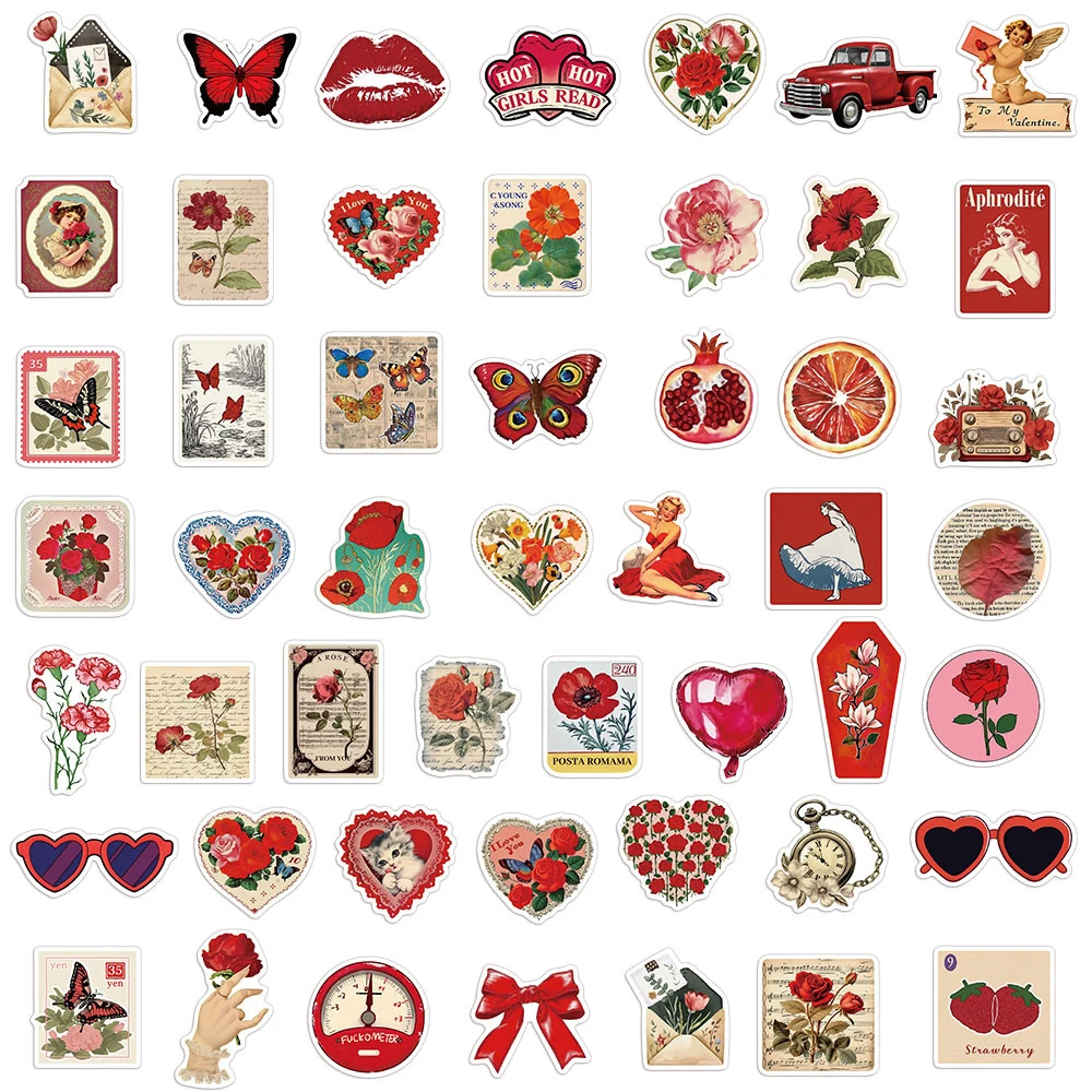 10/30/50pcs 만화 장미 꽃 스티커 레트로 레드 미적 낙서 데칼 DIY 노트북 전화 가방 스티커 장식 선물