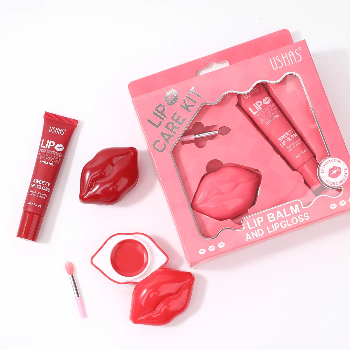 O conjunto USHAS Sweetheart Lip Color e Lip Balm fornece proteção hidratante para lábios secos e rachados.