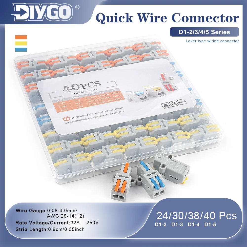 Mini Compact Lever Wire Connectors Kit Quick Splicing Electrical Terminal Connector for 28-12 AWG Cable Wiring Connection