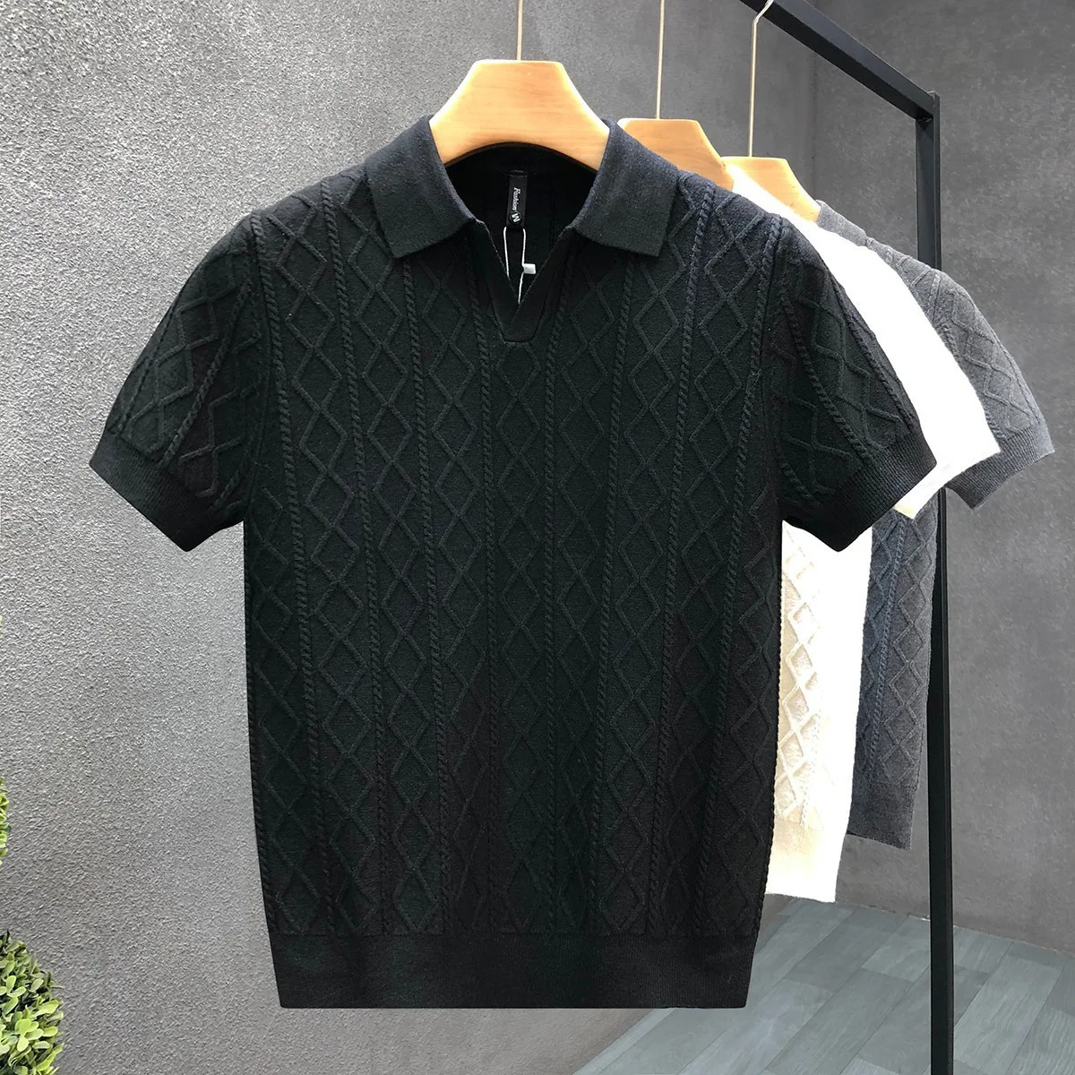 Pop Summer New Fashion Short Knitted T-shirts Men's Turn-down Collar Short Sleeve Casual Business Trendy T-shirts Male Clothes T
