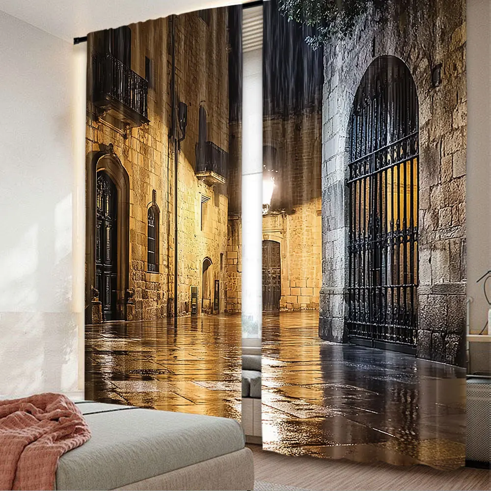 2Pcs Gothic Curtains Gothic Stone Quarter Of Barcelona Spain Renaissance Heritage Night Street Photo Living Room Bedroom Window