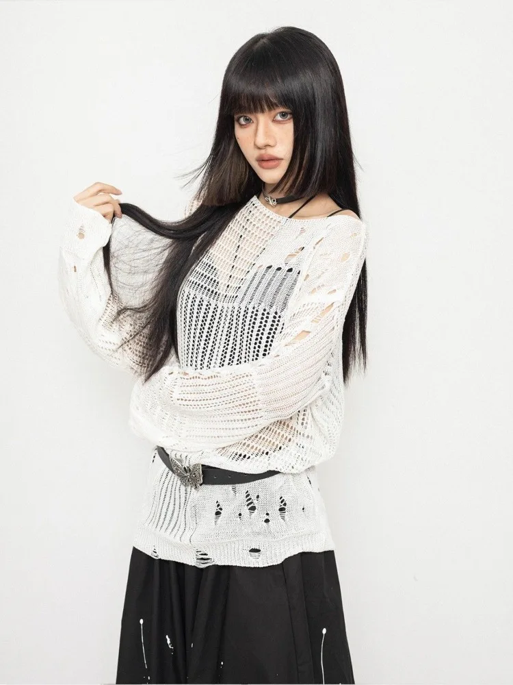 

Solid Hollow Out Knitted Pullover Women 2025 Autumn Off Shoulder Long Sleeve Hole Thin Sweater Casual Fashion Y2k Tops