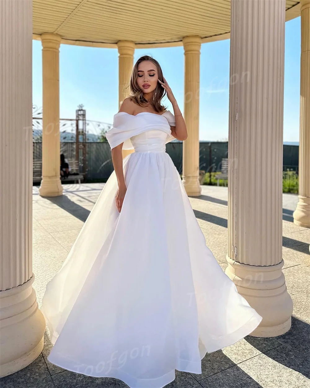 Toofgon Customized Off Shoulder A Line Wedding Dresses Organza Short Sleeve Bride Gown Backless Long Beach Boho Bridal Gown