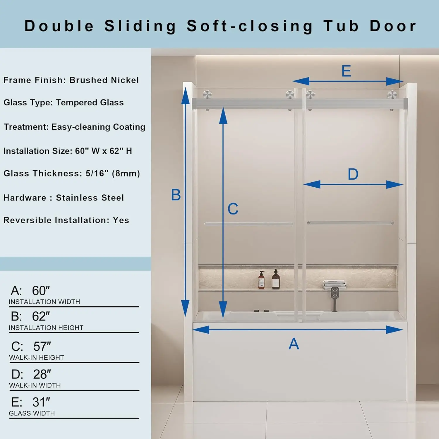 56-60"" W X 62"" H Puertas de ducha de bañera sin marco deslizantes dobles, puerta de bañera de derivación con vidrio templado Sgcc transparente de 5/16"" (8 mm),