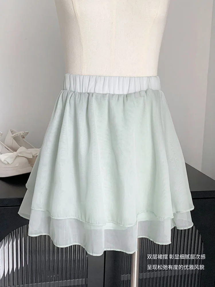 French Elegance Outfits 2 Piece Skirt Set Green Sleeveless Crop Top + Elastic Waist A-Line Skirt Oversize Party Prom Mori Girl