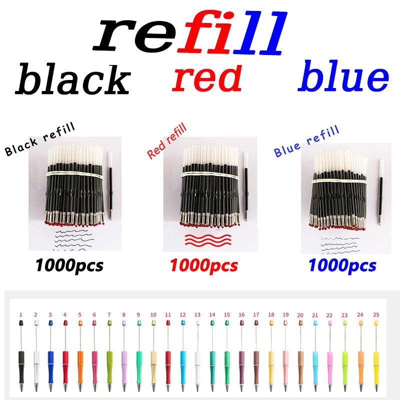 

1000pcs Beaded Pen Refill Black Blue Red 3 Colors Replaceable Refills Ballpoint Pen Refill Office Supplies Writing Pen Refills