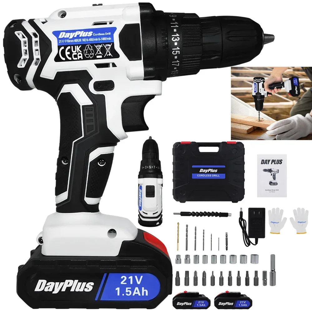 

Cordless Drill Set Electric Screwdriver Drill Set with 2-Variable Speed, 25+1 Torque,21V Li-ion Battery & Fast Charger