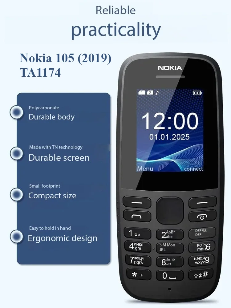 Nokia 105 (2019) TA1174 dual-SIM GSM bar key phone, black
