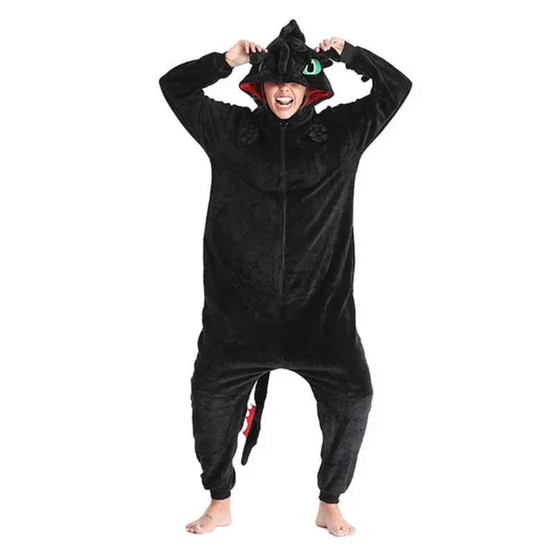 Toothless Dragon White Black Onesie Adult Unisex Flannel Pajama Anime Cosplay Costume Train Your Night Fury Sleepwear E46762 M13