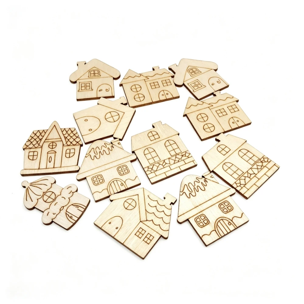 40mm 80mm Christmas Wood Ornaments Unfinished House Shape Tag Slices Home Hanging Craft Wooden Cutouts Embellishments for DIY