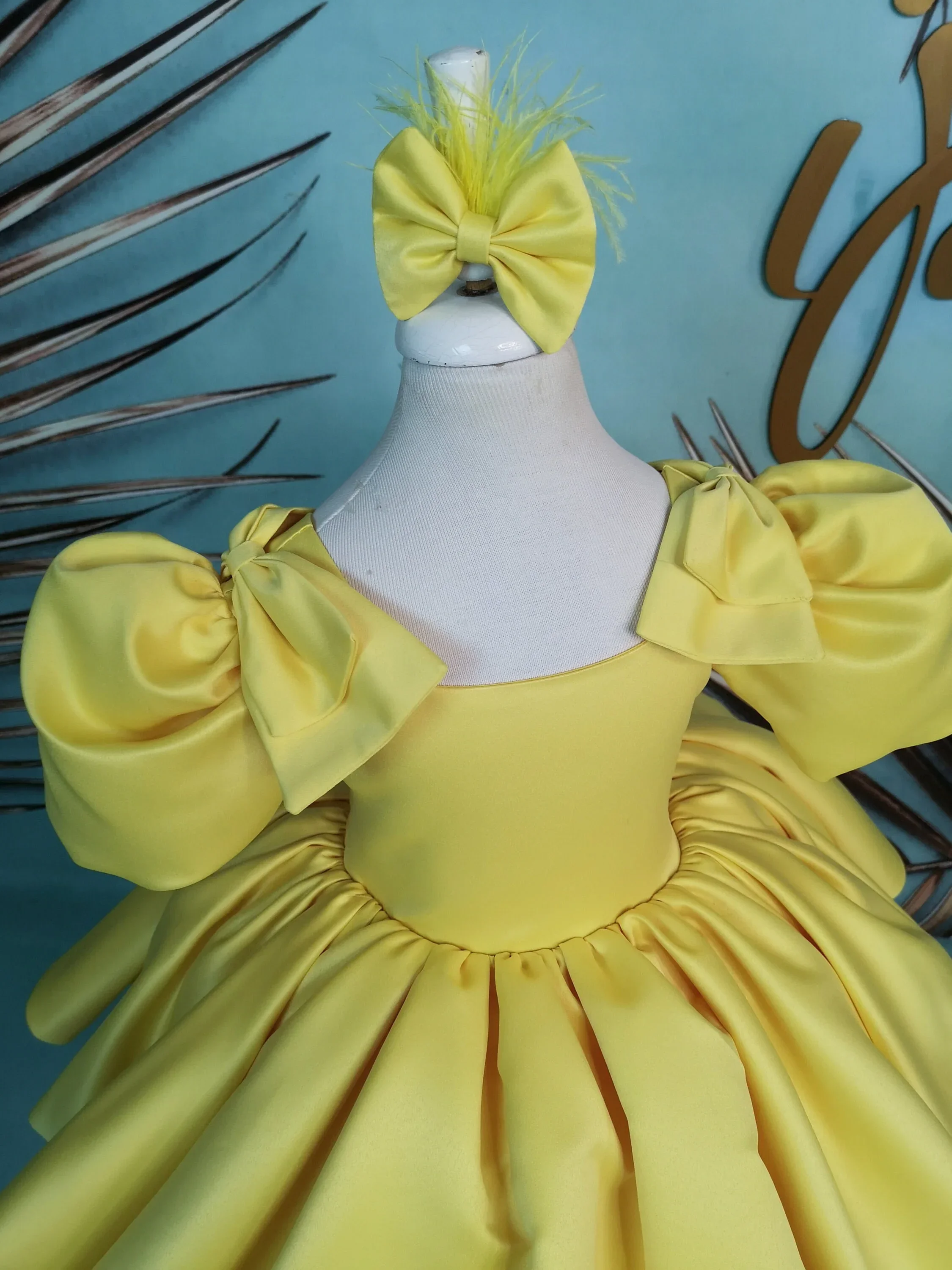 Customized Yellow Satin Flower Girl Dress for Wedding Puffy with Bow Princess Prom Gown Kids Birthday First Communion Dress