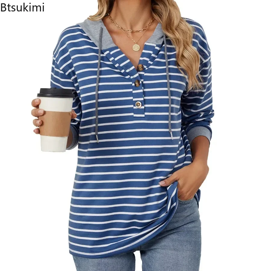 2024 Women's Long Sleeved Hooded Pullover Tops Fashion Splice Stripe Loose Casual Drawstring Hoodies Women Versatile Sweatshirts