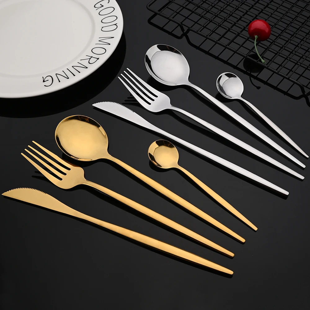 Mirror 24Pcs Gold Dinnerware Cutlery Set Kitchen Tableware Stainless Steel Steak Knife Fork Spoon Silverware Home Flatware Set