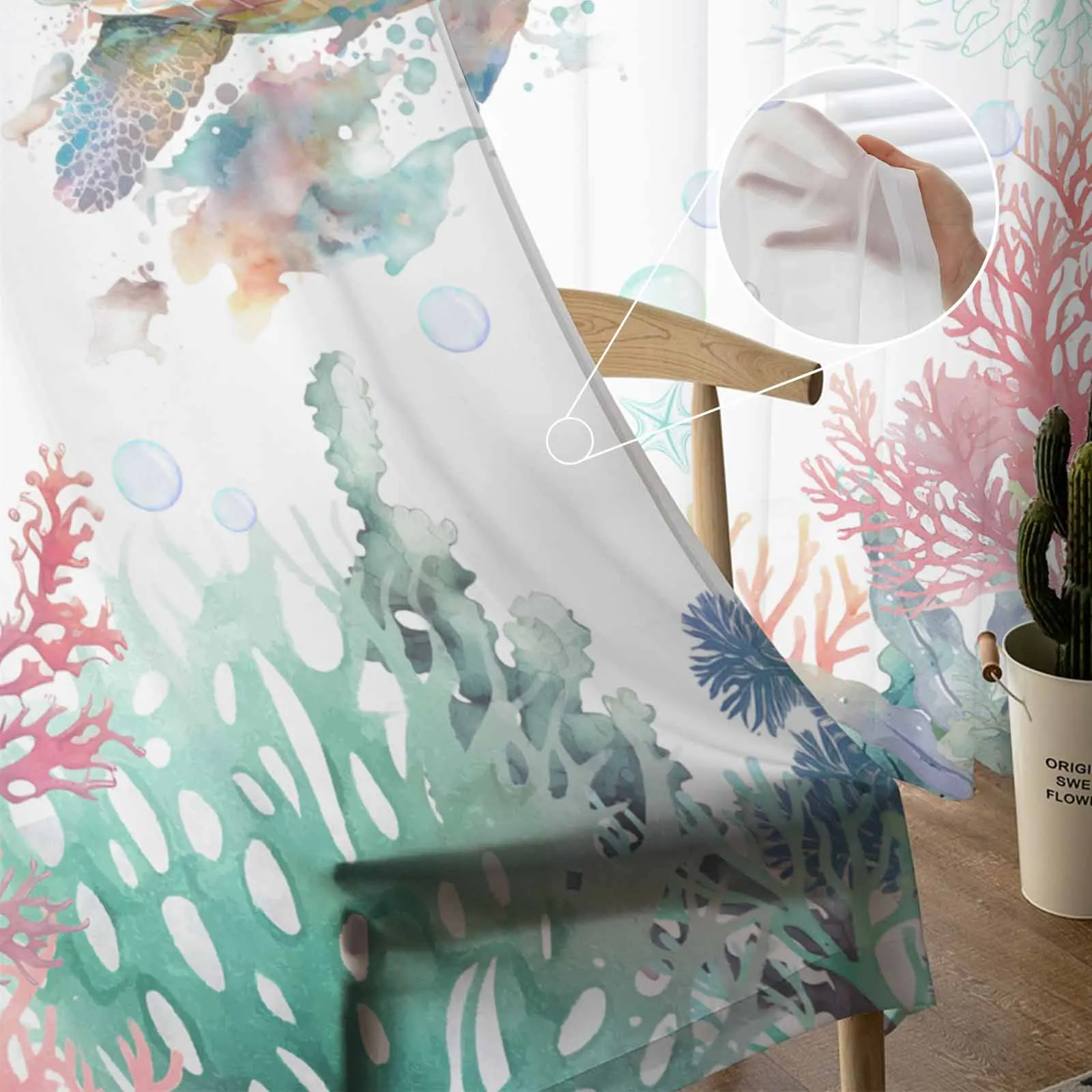 Imagem -04 - Sheer Tulle Voile Cortinas para Sala de Estar Kitchen Janela Cortinas Sea Life Sea Turtle Coral Azul Quarto