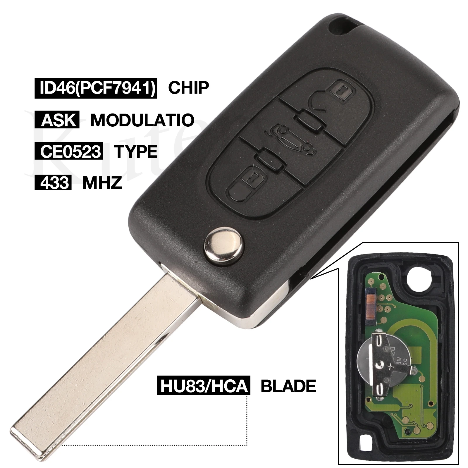 

jingyuqin CE0523 Folding Remote Car Key 3 Button for Citroen ASK 433 MHZ ID46 - PCF7941 HU83 / HCA Remote Key