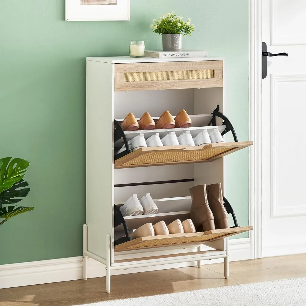 2 Flip Down with 1 Drawer Free-Standing Shoe Rack, Shoe Cabinet Wood Organizer Freestanding with 3-Tier Adjustable Shelves