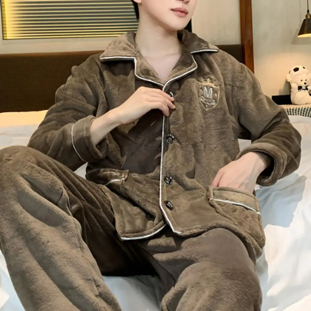 2024 New Men Winter Warm Flannel Pajamas Set V-neck Fluffy Coat + Long Pants Male Sleepwear for Sleeping 2 Pieces Housewear 3XL