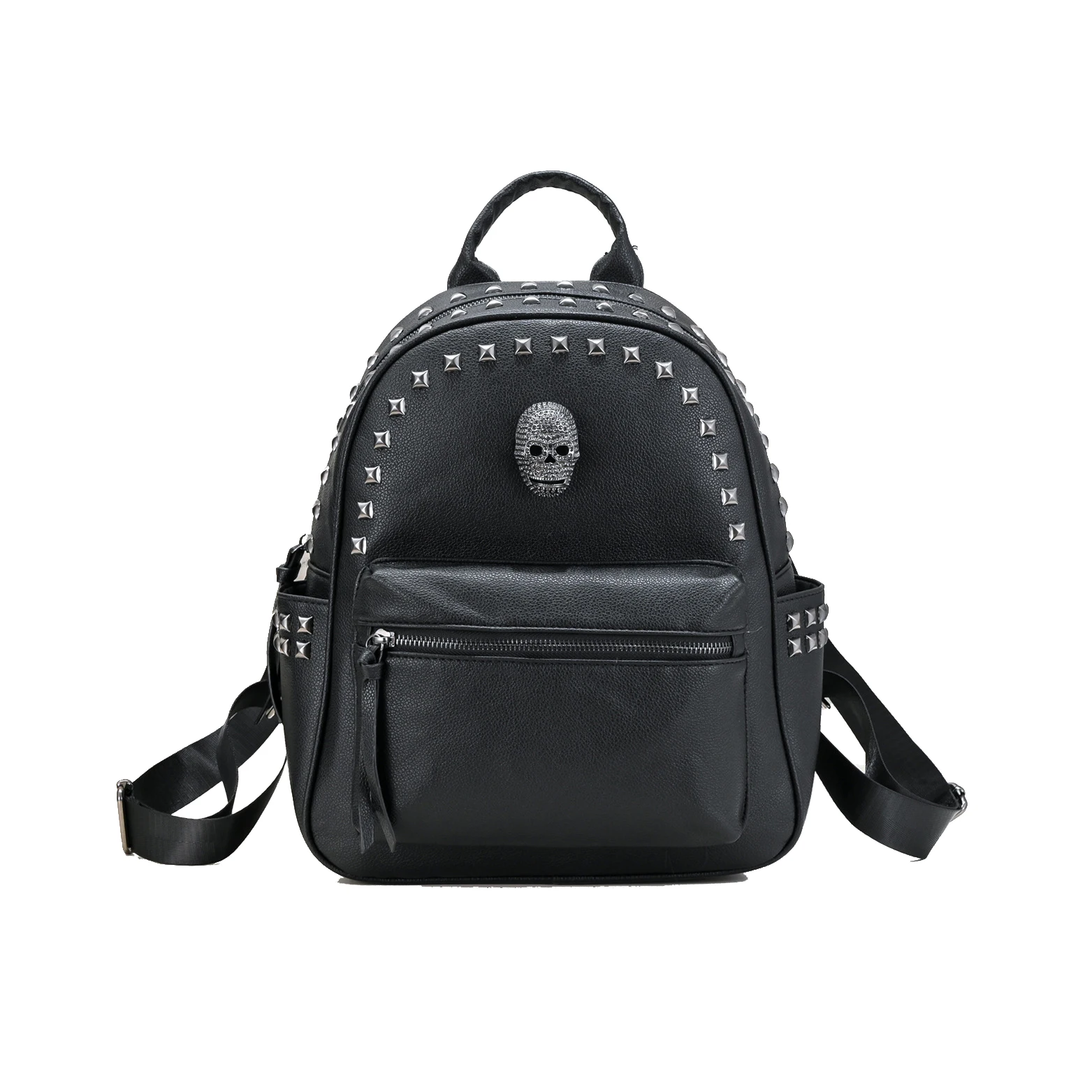 

Fashionable Black Large Capacity Men Women Bag Trend 2024 Rivet Backpack Soft Leather Casual Skull Head Casual Backpack